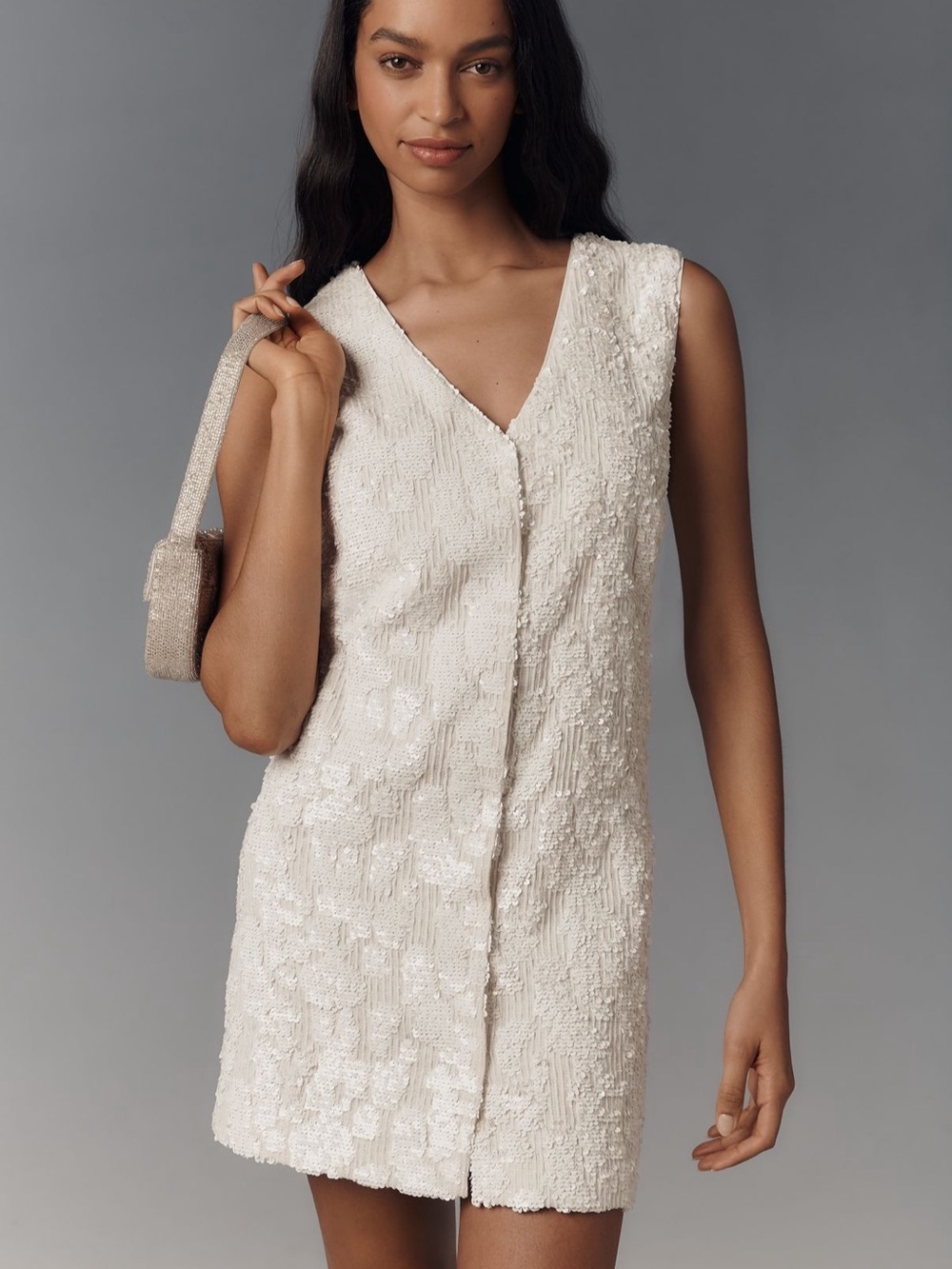 Sunday in Brooklyn Ivory Beaded V-Neck Mini Dress